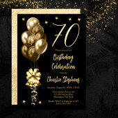 Invitation Elégant Ballons d'or sur Black 70th Birthday Party