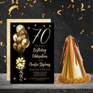 Invitation Elégant Ballons d'or sur Black 70th Birthday Party