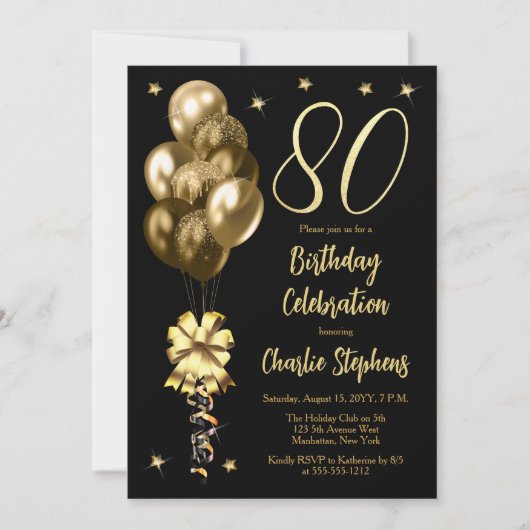 Invitation Elégant Ballons d'or sur Black 80th Birthday Party (Devant)