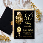 Invitation Elégant Ballons d'or sur Black 80th Birthday Party<br><div class="desc">Ballons d'or à fausse parties scintillant élégante avec grand arc et banderoles et étoiles d'accent "80" 80e anniversaire invitation de fête.</div>