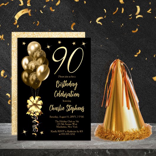 Invitation Elégant Ballons d'or sur Black 90th Birthday Party