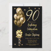 Invitation Elégant Ballons d'or sur Black 90th Birthday Party (Devant)