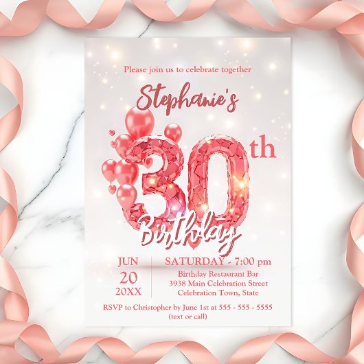Invitation Elégant Ballons rose 30e anniversaire Fête