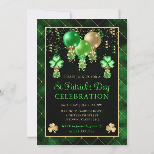 Invitation Elégant Ballons Vert et Or St Patrick's Day (Devant)