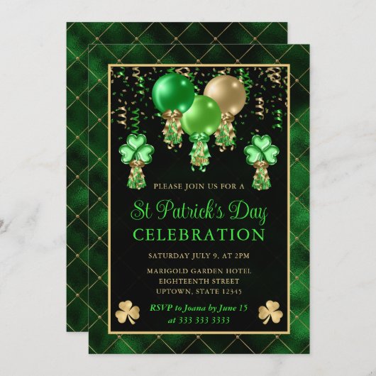 Invitation Elégant Ballons Vert et Or St Patrick's Day (Devant / Derrière)