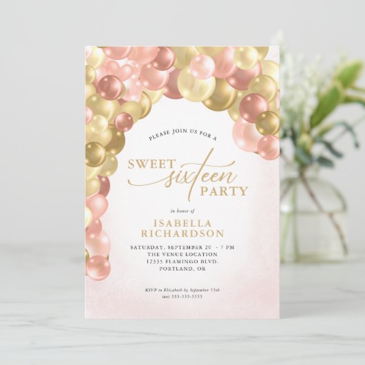 Invitation Élégant Balloon Arch rose et or Sweet 16 Partie (Debout devant)