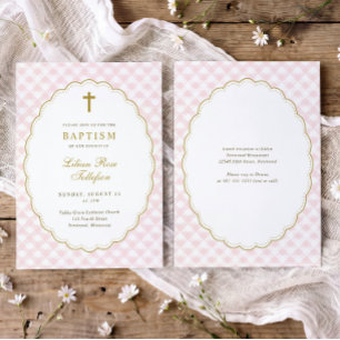 Invitation Élégant baptême à carreaux gingham rose en or