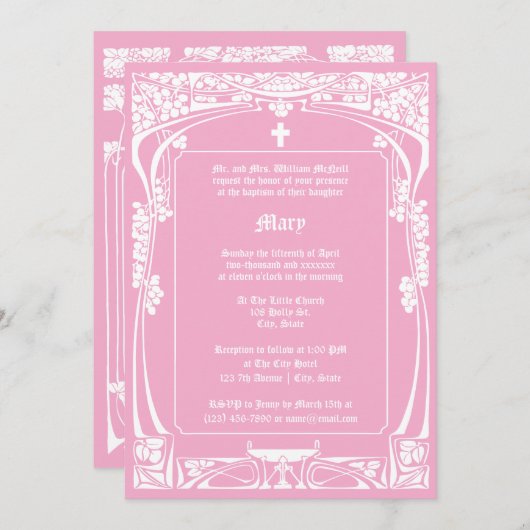 Invitation Élégant Baptême Art Nouveau (Devant / Derrière)