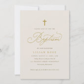 Invitation Élégant Baptême Beige Champagne Script Cross (Devant)