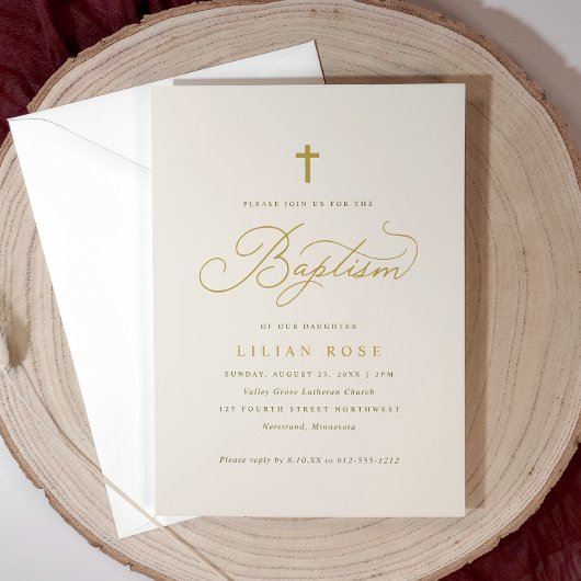 Invitation Élégant Baptême Beige Champagne Script Cross
