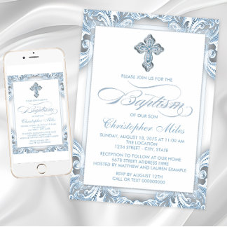 Invitation Élégant Baptême Bleu Argent