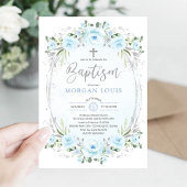 Invitation Élégant Baptême Bleu Bleu Fleur Argent