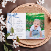 Invitation Élégant Baptême Bleu Bow & Rosaire Photo