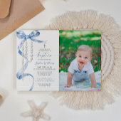 Invitation Élégant Baptême Bleu Bow & Rosaire Photo