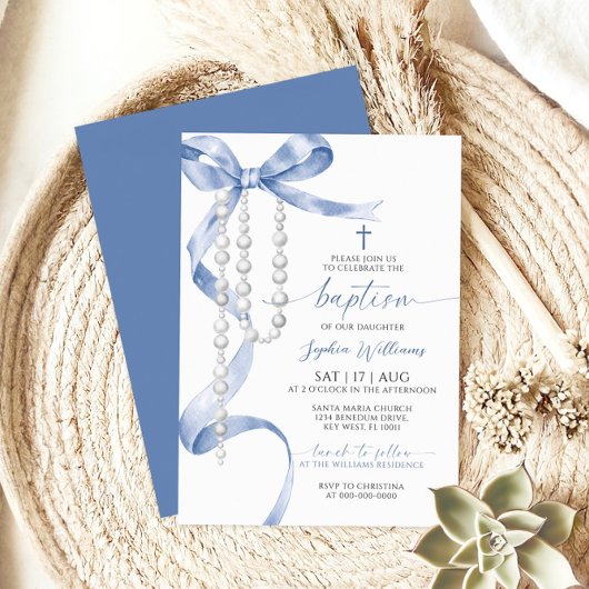 Invitation Élégant Baptême Bleu et Rosaire