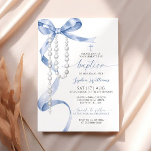 Invitation Élégant Baptême Bleu et Rosaire