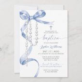 Invitation Élégant Baptême Bleu et Rosaire (Devant)