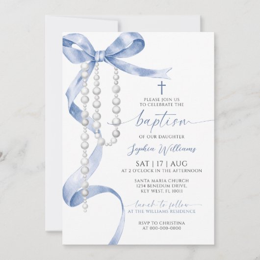Invitation Élégant Baptême Bleu et Rosaire (Devant)