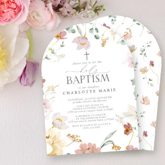 Invitation Élégant Baptême Bleu Rose Aquarelle Fleurs