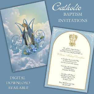 Invitation Élégant baptême catholique Mary Blue Floral