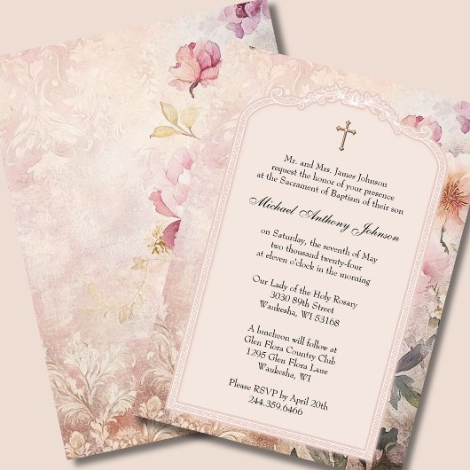 Invitation Élégant baptême Christening Rose Floral