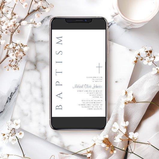 Invitation Élégant Baptême croisé de Script bleu Dusty