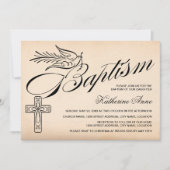 Invitation Élégant Baptême Croix et Colombe Écriture Vintage (Devant)
