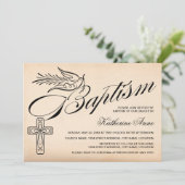 Invitation Élégant Baptême Croix et Colombe Écriture Vintage (Debout devant)