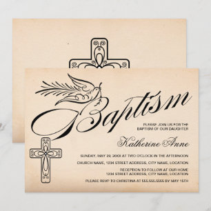 Invitation Élégant Baptême Croix et Colombe Écriture Vintage