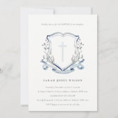 Invitation Élégant Baptême croix Fleur sauvage bleu Poussard (Devant)