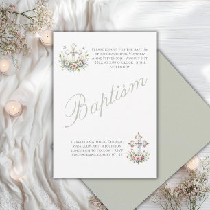 Invitation Elégant baptême de bébé religieux vert sauge