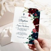 Invitation Élégant Baptême de Bourgogne et Fleurs Bleues de l