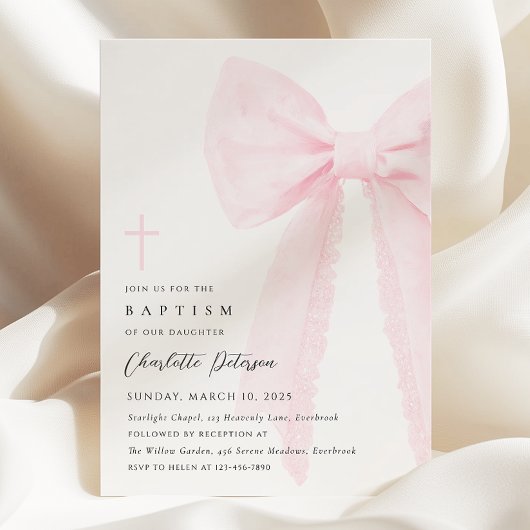 Invitation Élégant Baptême de Bow Rose