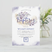 Invitation Élégant Baptême de garçon bleu de la marine floral (Debout devant)