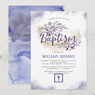 Invitation Élégant Baptême de garçon bleu de la marine floral