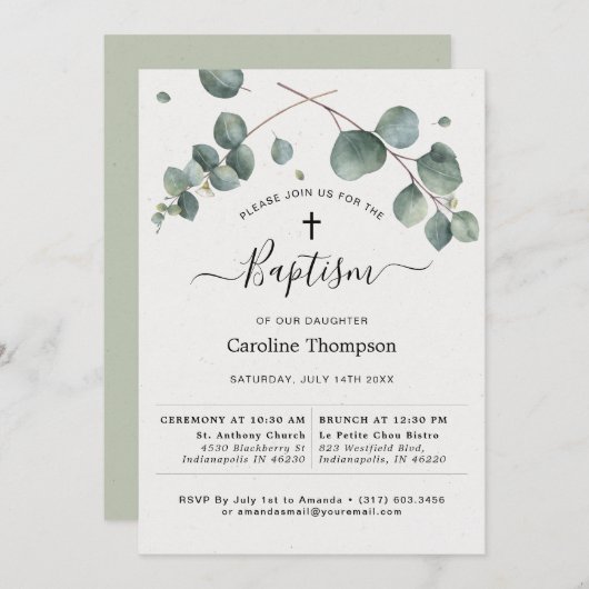 Invitation Élégant Baptême d'Eucalyptus (Devant / Derrière)