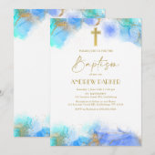 Invitation Élégant Baptême d'or bleu marine Christening (Devant / Derrière)