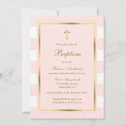 Invitation Élégant Baptême d'or rose (Devant)