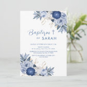Invitation Elégant Baptême Fleur Bleue Croix de Christening (Debout devant)