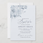 Invitation Élégant Baptême Floral Bleu Dusty (Devant)