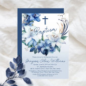 Invitation Élégant Baptême Floral Hiver Bleu Garçon