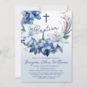 Invitation Élégant Baptême Floral Hiver Bleu Garçon (Devant)