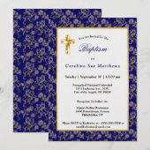 Invitation Élégant Baptême Floral Lion Or Bleu (Devant / Derrière)