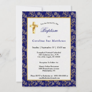 Invitation Élégant Baptême Floral Lion Or Bleu