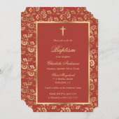 Invitation Élégant Baptême Floral Or Rouge (Devant / Derrière)