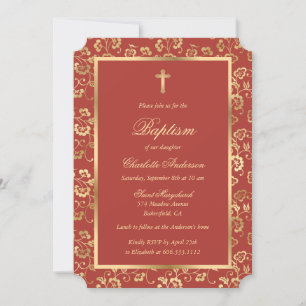 Invitation Élégant Baptême Floral Or Rouge