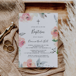 Invitation Élégant Baptême floral rose