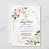 Invitation Élégant Baptême floral rose et baptême (Devant)