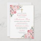 Invitation Élégant Baptême floral rose et or (Devant)