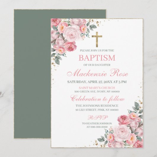 Invitation Élégant Baptême floral rose et or (Devant / Derrière)
